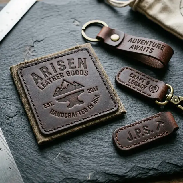 Laser-engraved brown leather patches and keychains details