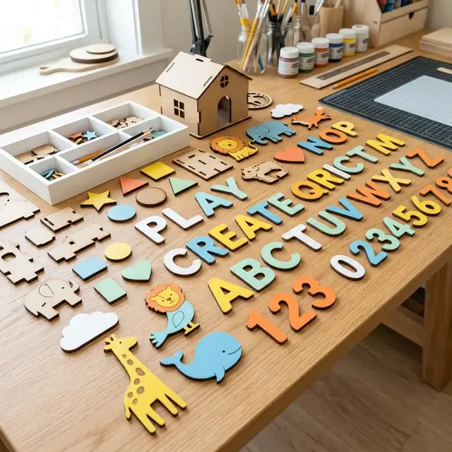 Colorful laser-cut MDF educational toys and alphabet templates