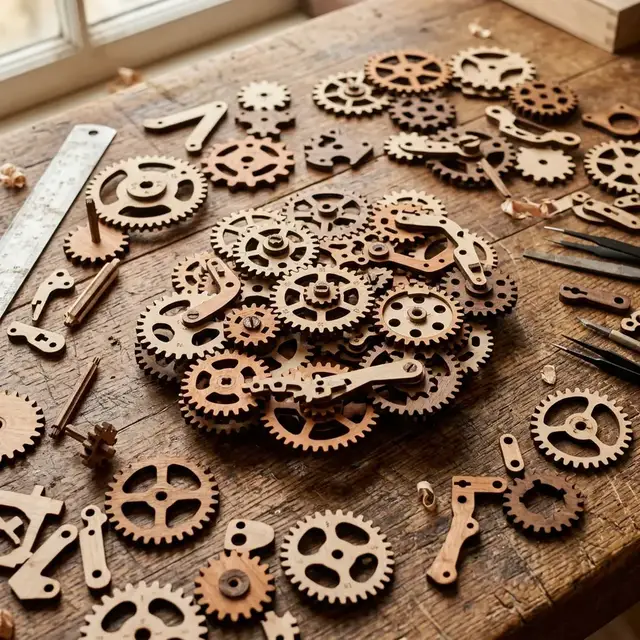Precision cut laserwood gears and puzzle assembly parts