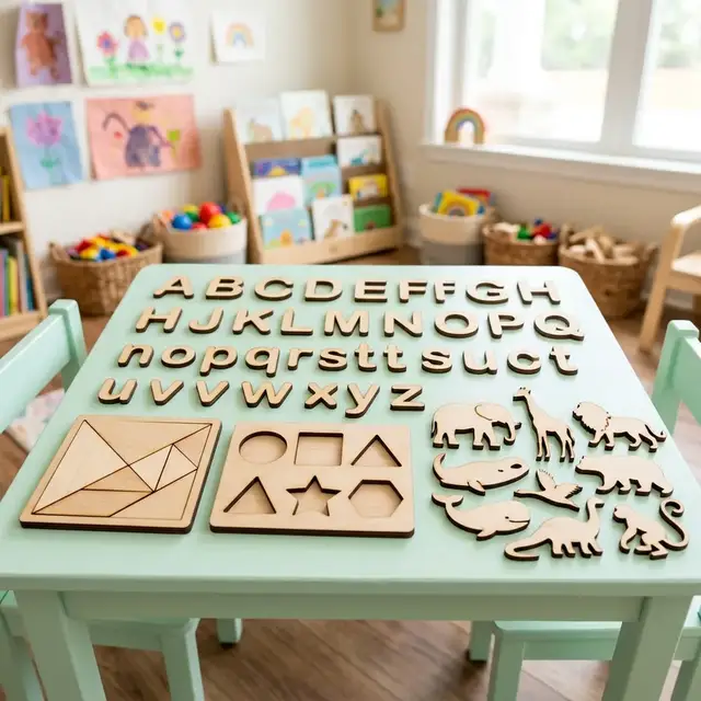 Educational classroom toys and alphabet cuts in laser wood