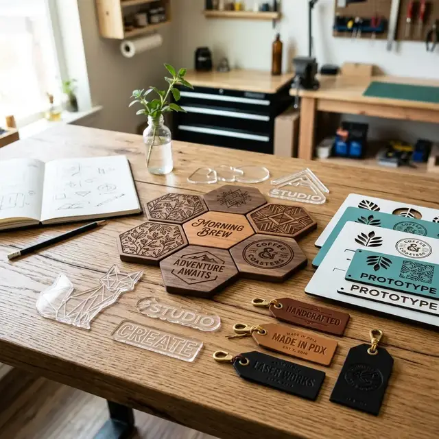 Artistic collage of laser-engraved wood coasters, acrylic shapes, and leather tags